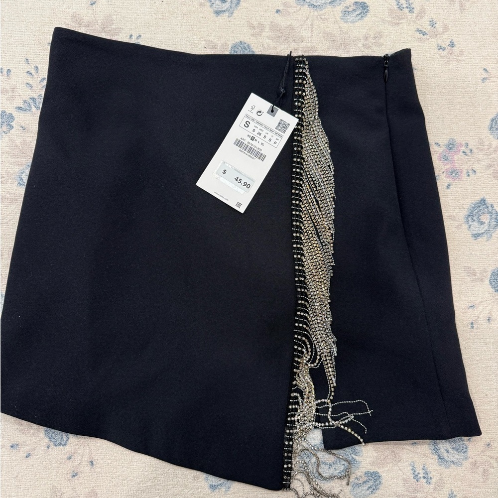 Black Beaded Fringe Mini Skirt